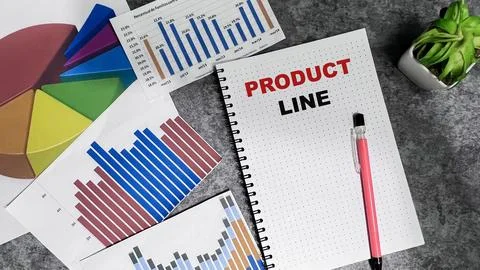 Concept of Product Line write on book isolated on Wooden Table. Stockfoto's
