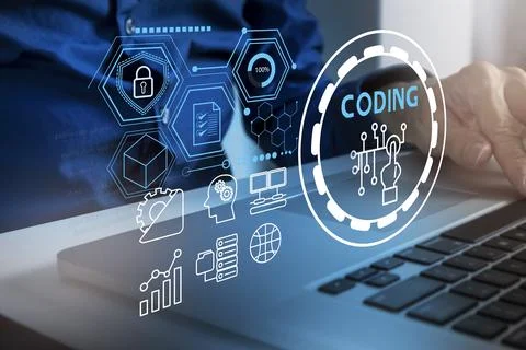 The concept of programming engineers in writing program code to develop div.. 스톡 사진