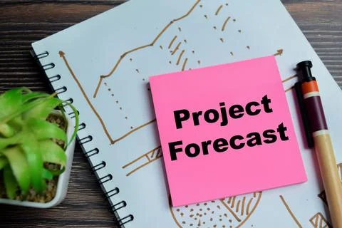 Concept of project forecast write on sticky notes isolated on Wooden Table. Stock Photos