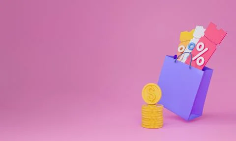 The concept of a promotional code. Coupon in the shopping bag. with coins. For イラスト素材