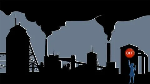 Concept of protest against environmental pollution by factories. Little girl  Stock Illustration