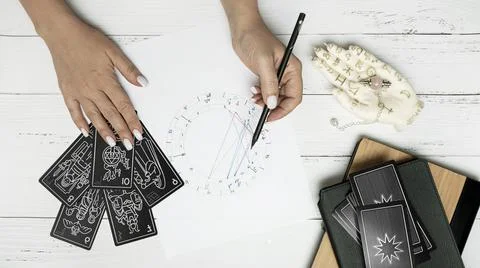 Concept of psychic advisor or ways of divination with cards. Stock Photos