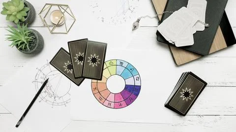 Concept of psychic advisor or ways of divination with cards. Stock Photos