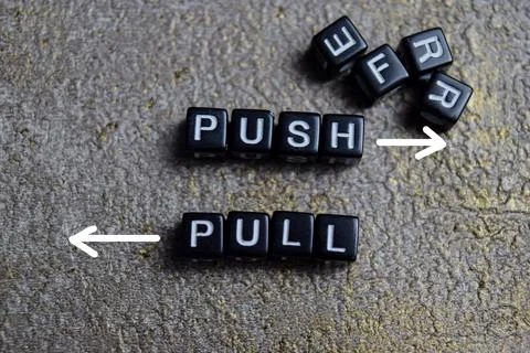 Concept of push and pull words arranged with on wooden letter blocks. Stock Photos