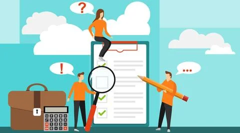Concept with quality test and satisfaction report. Positive business man Stock Illustration