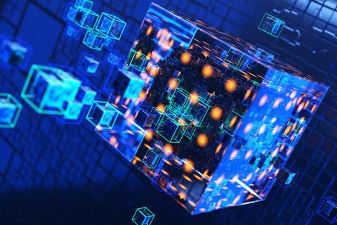 Concept of a quantum computer. Abstract technological background. Qubit. 3d r Illustrazione stock