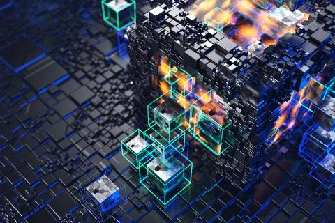 The concept of a quantum computer. Abstract technological background from blo Stock Illustration