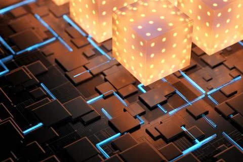 The concept of a quantum computer. Qubit. 3d render. Stock Illustration