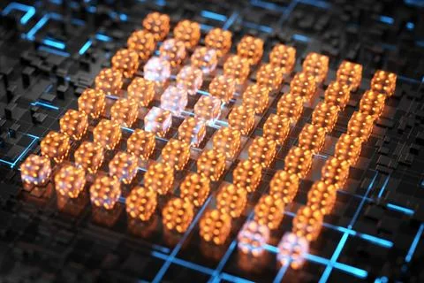 Concept of a quantum processor. Blockchain technology concept. 3d render. Illustrazione stock