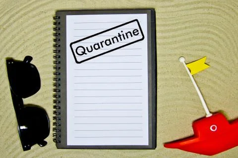 Concept of quarantine quarantine blocking. Composition of summer objects symb Stock Photos