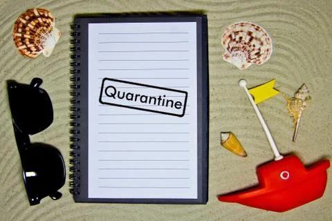 Concept of quarantine quarantine blocking. Composition of summer objects symb Stock Photos
