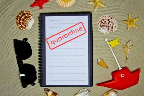 Concept of quarantine quarantine blocking. Composition of summer objects symb Stock Photos