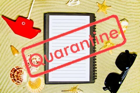Concept of quarantine quarantine blocking. Composition of summer objects symb Stock Photos