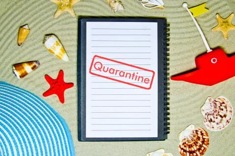 Concept of quarantine quarantine blocking. Composition of summer objects symb Stock Photos