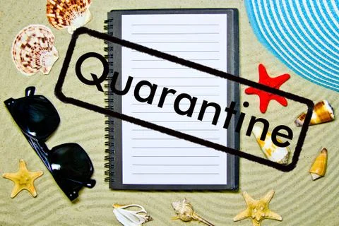 Concept of quarantine quarantine blocking. Composition of summer objects symb Stock Photos