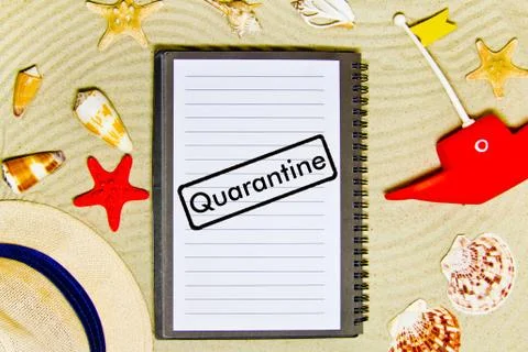 Concept of quarantine quarantine blocking. Composition of summer objects symb Stock Photos