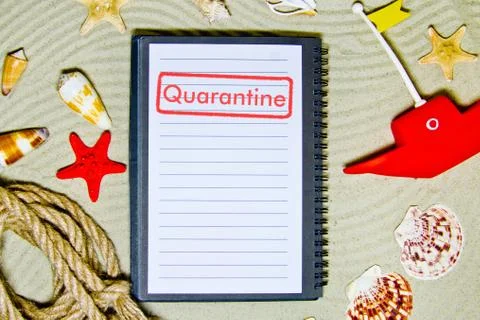Concept of quarantine quarantine blocking. Composition of summer objects symb Stock Photos