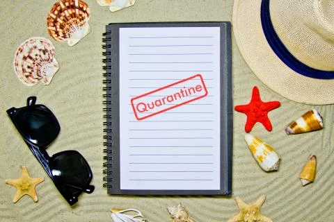 Concept of quarantine quarantine blocking. Composition of summer objects symb Stock Photos