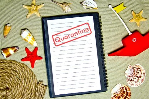 Concept of quarantine quarantine blocking. Composition of summer objects symb Stock Photos