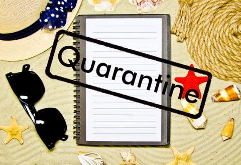 Concept of quarantine quarantine blocking. Composition of summer objects symb Stock Photos