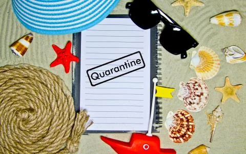 Concept of quarantine quarantine blocking. Composition of summer objects symb Stock Photos