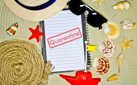 Concept of quarantine quarantine blocking. Composition of summer objects symb Stock Photos