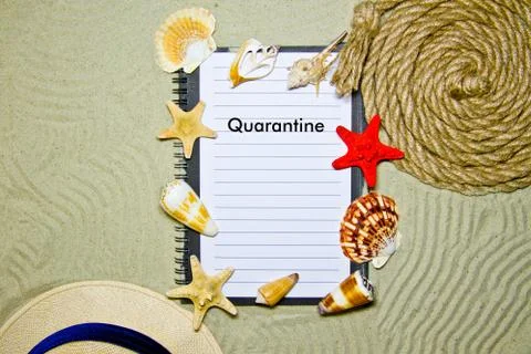 Concept of quarantine quarantine blocking. Composition of summer objects symb Stock Photos