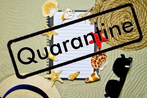Concept of quarantine quarantine blocking. Composition of summer objects symb Stock Photos