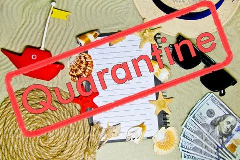 Concept of quarantine quarantine blocking. Composition of summer objects symb Stock Photos