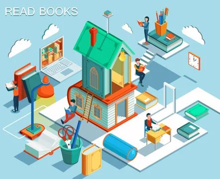 The concept of reading books and learning in the library.Isometric flat design Stock Illustration
