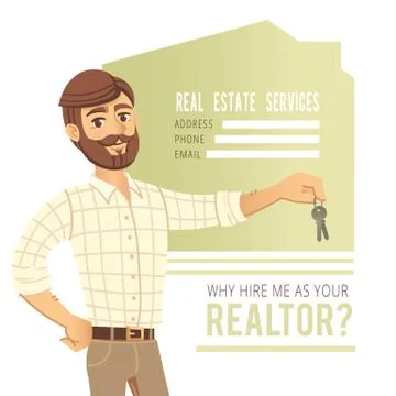 The concept of real estate services. Agent showing a house. Character male with Stock Illustration