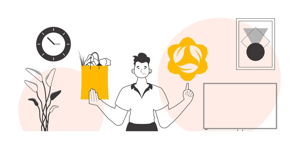 The concept of reasonable consumption. Guy, package with groceries and eco lo Stock Illustration