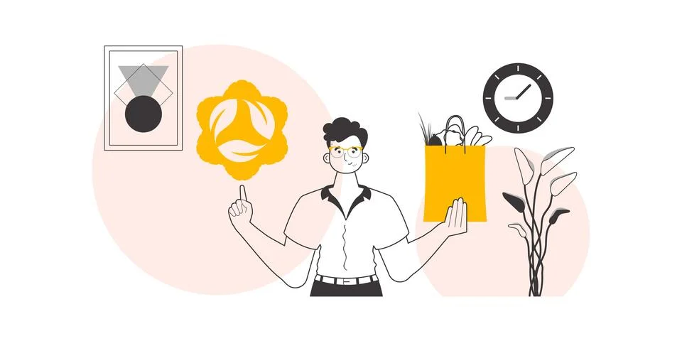 The concept of reasonable consumption. A man, a package with products and an  Stock Illustration