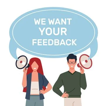 Concept receiving feedback. Smiling man and woman hold megaphone, speech bubble Stock Illustration
