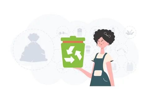 The concept of recycling and zero waste. The girl is holding a trash can in.. Stock Illustration
