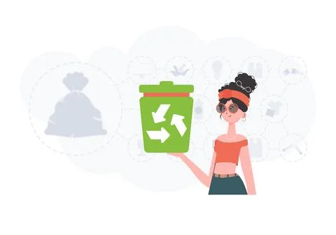 The concept of recycling and zero waste. The girl is holding a trash can in.. Stock Illustration