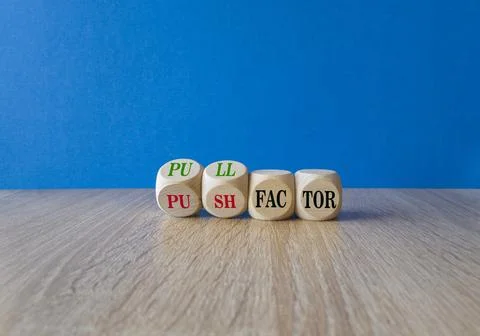 Concept red word Pull factor and Push factor on wooden cubes. B Stock Photos