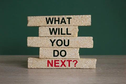 Concept red words What will you do next on brick blocks. Stock Photos