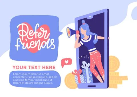 Concept Refer friends. Referral program banner. People speak in megaphone wor 스톡 일러스트
