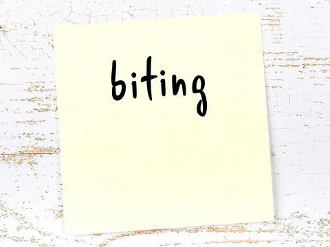 Concept of reminder about biting. Yellow sticky sheet of paper on wooden wall Stock Illustration