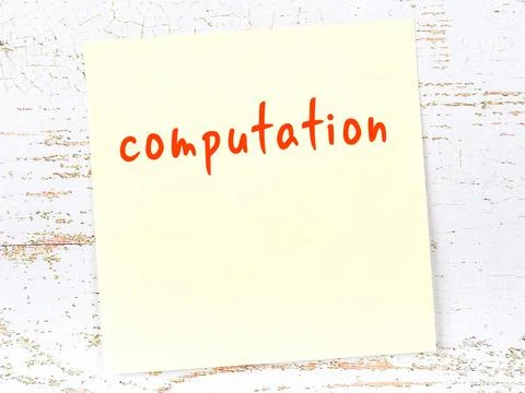 Concept of reminder about computation. Yellow sticky sheet of paper on wooden Stock Photos