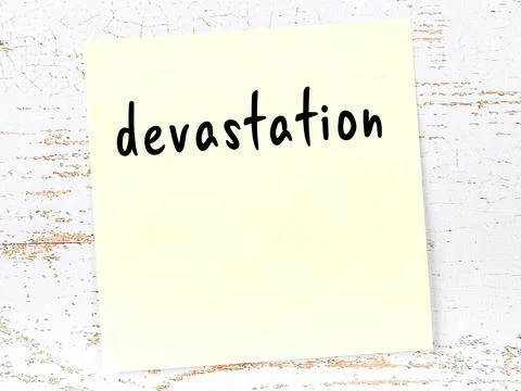 Concept of reminder about devastation. Yellow sticky sheet of paper on wooden Stock Illustration