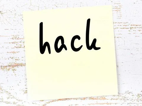 Concept of reminder about hack. Yellow sticky sheet of paper on wooden wall w Stock Illustration