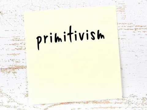 Concept of reminder about primitivism. Yellow sticky sheet of paper on wooden Stock Illustration