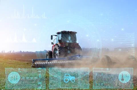 Concept of remote control of a tractor without a driver, collection and analy Stock Photos