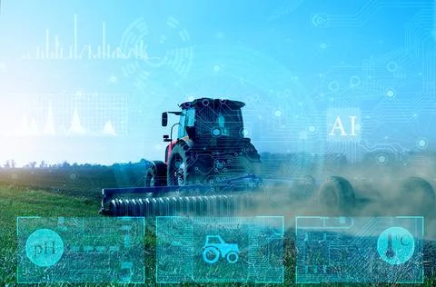 Concept of remote control of a tractor without a driver, collection and analy Stock Photos