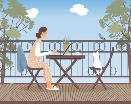 The concept of remote work during quarantine due to a virus. Cute girl Stock Illustration