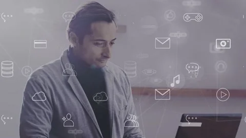 The concept of remote work. A man works on a computer and his thoughts and Stock Footage 170714784