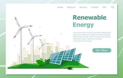 The concept of renewable energy from the sun and wind turbines. Landing page of  Stock Illustration