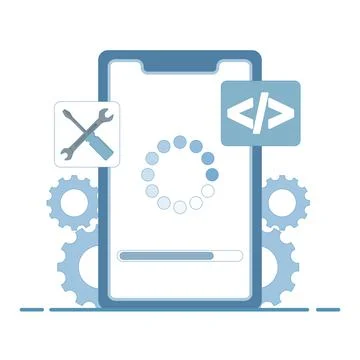 Concept of repair and upgrade process, loading software on smartphone screen. Stock Illustration